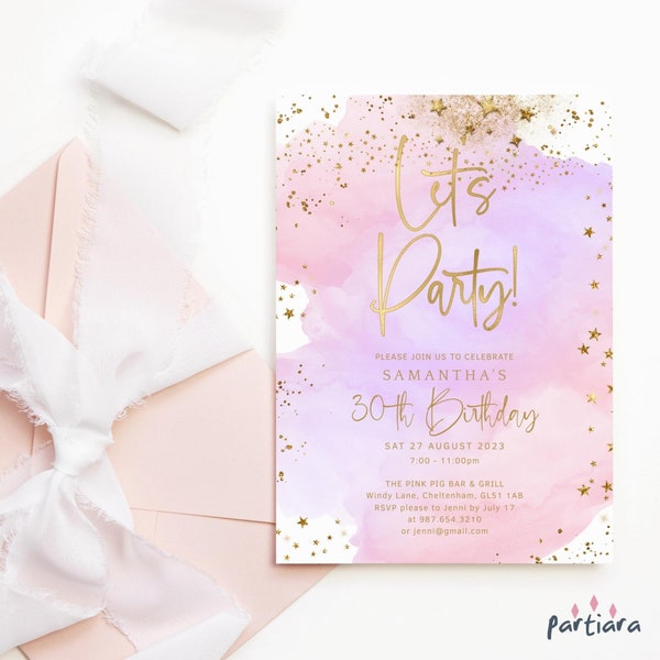 Party Invitation Printable Ladies Teens Girls Birthday Invites Editable Digital Download Template Pastel Pink Lilac Ombre Gold Decor P806