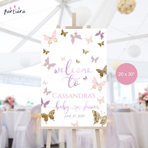 Butterfly Baby Sign Welcome Baby Shower Party Poster Printable, Girls Pastel Pink Lilac Decor, Editable 20x30 Template P345