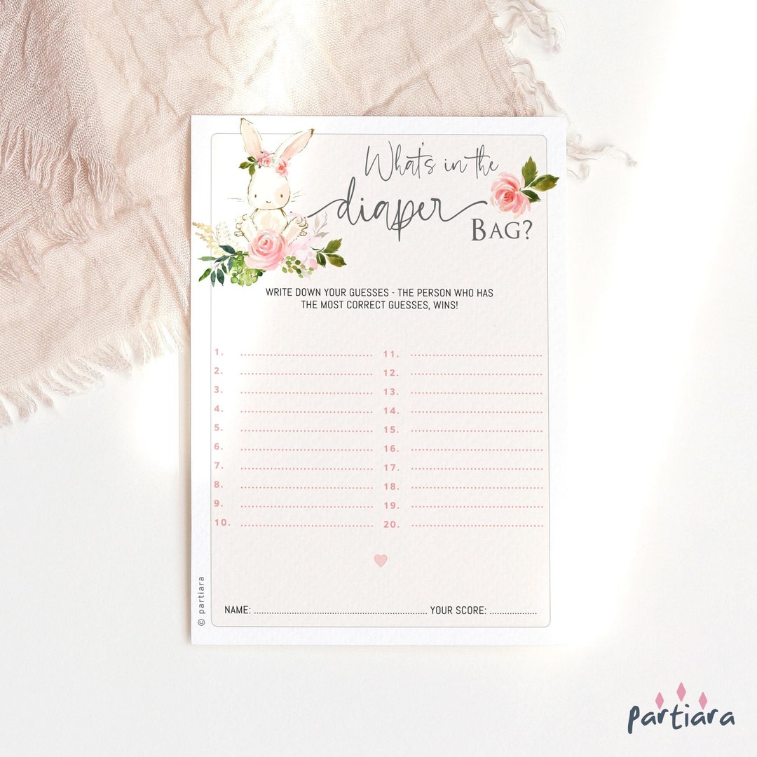 Girl Bunny Baby Shower Game Whats in the Diaper Bag Guessing Game Card