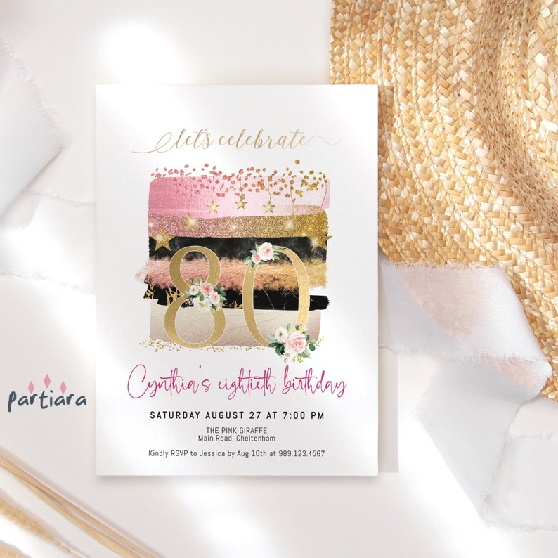 Editable 80th Birthday Tea Party Invite Printable Ladies Brunch Lunch Blush Pink Gold Floral Cake Invitation Digital Download