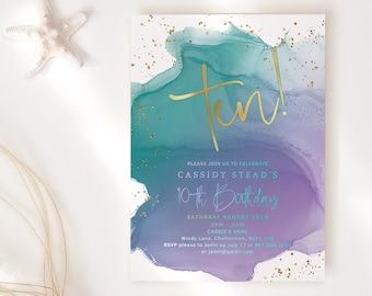 Editable 10th Birthday Invitation Template for Girls: Purple Teal Gold Decor Printable P550