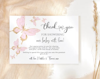 Pink Butterfly Thank You Note Card DIY Printable Girl Baby Shower Thankyou Cards Editable Template, Birthday Party Notecards Download P6