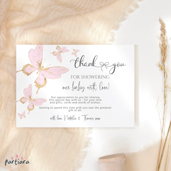 Pink Butterfly Thank You Card Template: Girl Baby Shower Birthday Butterflies Party Notecard Printable, Editable Digital Download P293