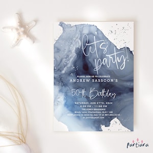 Adult Mens Birthday Invitation, Navy Blue Silver Party Invite Printable, Modern Elegant Decor, Editable Digital Download Template P263