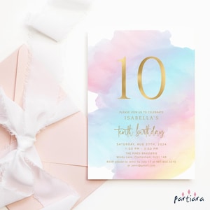 Regenbogen Einladung 10. Geburtstag druckbare, Mädchen Pastell Party einladen bearbeitbare Vorlage, zweistellige Sleepover Karte, digitaler Download P179