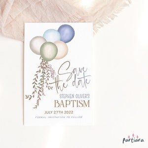 Tarjeta de invitación para guardar la fecha con globos bohemios, imprimible, para el bautizo del bebé, primer cumpleaños, baby shower, tarjetas de anuncio, editables, descargables P662