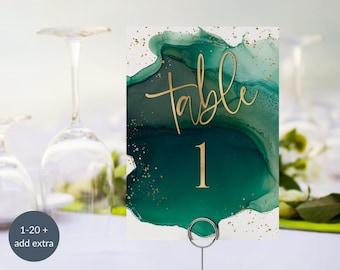 Emerald Green Table Numbers, Greens Gold Birthday Party Tables Decor Cards Printable, Wedding Anniversary Card, Editable Template P257