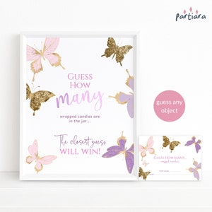 Gioco per baby shower con farfalle Indovina quante caramelle M&M's Cioccolatini nel barattolo Modello modificabile Cartello e biglietti Bundle Fai da te Stampabile P6