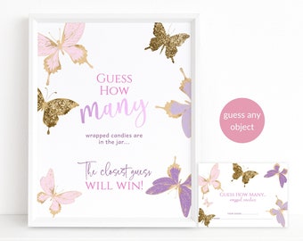 Butterfly Baby Shower Game Guess How Many Candies M&Ms Chocolates in the Jar Editable Template Sign and Note Cards Bundle DIY Printable P6