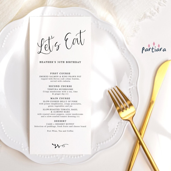 Editable Birthday Menu Template Minimalist Black and White Dinner Party Table Menus Printable Retirement Events Card Digital Download P92