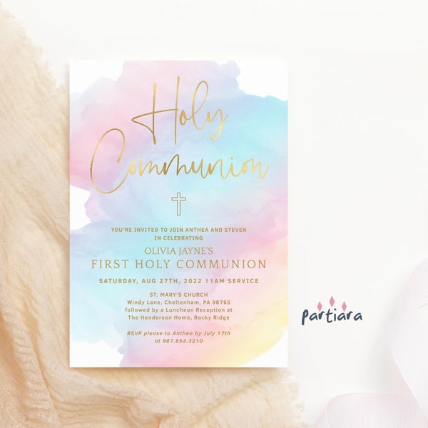 Girl's First Holy Communion Invitation Printable Pastel Rainbow Ombre Sky Decor Editable Digital Download Template P179
