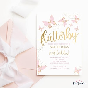 Birthday Butterfly Invite Girls Flutterby 1st Birthday Party Invitations Printable Blush Pink Gold Editable Digital Download Template P293