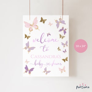 Fille papillon signe de bienvenue pour baby shower, papillons pastel bienvenue affiche déco imprimable, rose lilas violet or modifiable téléchargement P345