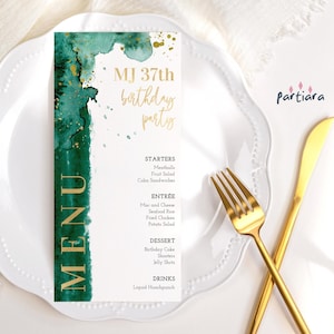 Birthday Menu Card, Emerald Green and Gold Party Table Menus Decor, Editable Ladies Night Slim Cards Printable Template, Instant Download