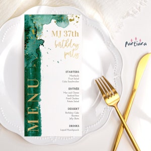 Karta menu urodzinowego, szmaragdowo zielone i złote menu na przyjęcie, edytowalne karty Ladies Night Slim do wydrukowania szablon do pobrania P205