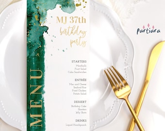 Birthday Menu Card, Emerald Green and Gold Party Table Menus Decor, Editable Ladies Night Slim Cards Printable Template Download P205