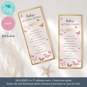 Butterfly Menu Card Editable Girl Birthday Butterflies Party Table ...