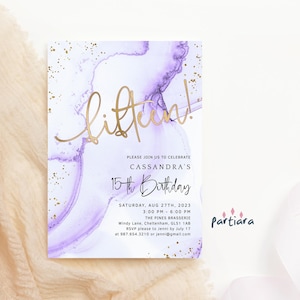 15th Birthday Invite Girls Purple Gold Disco Party Invitation Printable Lilac Sprinkle Invites Editable Digital Download Template P300