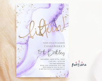 15th Birthday Invite Girls Purple Gold Disco Party Invitation Printable Lilac Sprinkle Invites Editable Digital Download Template P300