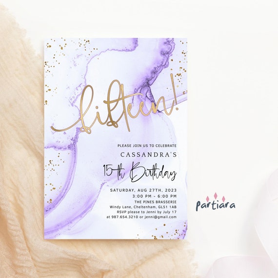 15th Birthday Invite Girls Purple Gold Disco Party Invitation Printable Lilac Sprinkle Invites Editable Digital Download Template P300