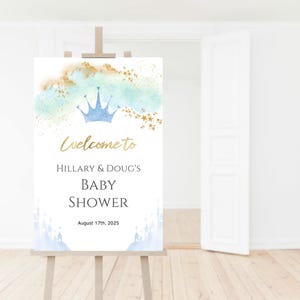 Baby Prince Welcome Sign, Boy Baby Shower Welcome Poster Printable, Blue Gold Fairytale Birthday Decor, Editable Digital Download P137
