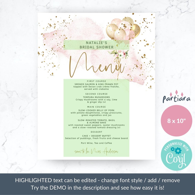 Blush Gold Balloons Table Menu Sign Bridal Shower Brunch Menus Etsy