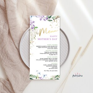 Menú floral de primavera imprimible, menús de brunch para cumpleaños de damas, menú de mesa para el almuerzo del Día de la Madre, decoración lila dorada, descarga digital editable P513