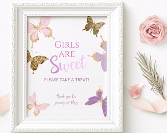Girl Baby Shower Dessert Table Sign Editable Butterflies Birthday Party Sweet Treat Favors Printable Template, Pink Purple Gold Decor P6