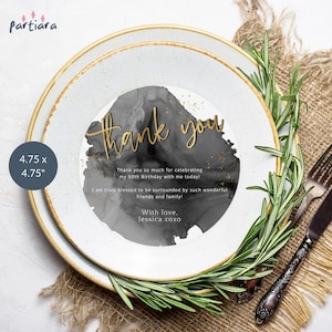 Thank You Plate Insert, Birthday Chargers Printable, Black and Gold Dinner Party Table Decor, Editable Digital Download Template P268