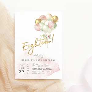 Convite para meninas de 18 anos para impressão, cartões de convite para festa de dança com jantar de dezoito anos, decoração de balões rosa, verde e dourado, download editável P409