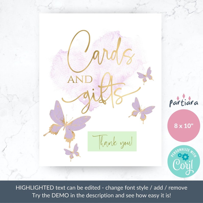 Plantilla editable de cartel de mesa de regalo con forma de mariposa para niñas: póster morado para fiesta de cumpleaños o baby shower P438 imagen 3