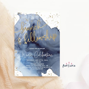 Invitación imprimible para brunch y fiesta de compañerismo en la iglesia Invitación digital para brunch de damas Descarga digital Plantilla editable con decoración en azul marino y dorado P239