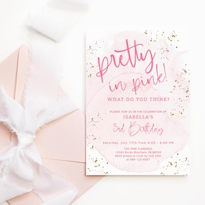 Girl Pretty in Pink Birthday Invitation Editable Template Pastel Blush Pink and Gold Sprinkles Tea Party Invite Printable Download P132 P249