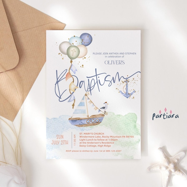 El bautismo del niño invita invitaciones de bautismo náutico La fiesta del bautismo costero junto al mar invita a globos verdes azules imprimibles descarga editable P662