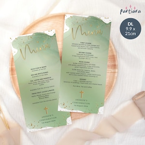 Menú verde salvia para bautizo, decoración imprimible para mesa de bautizo, menú verde dorado para bautizo, plantilla editable para la primera comunión de niños y niñas (P629)
