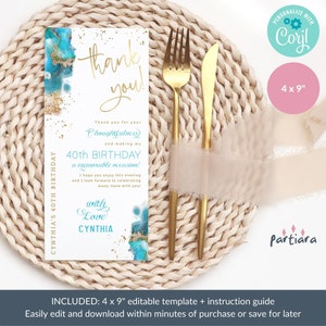 Birthday Thank You Card Table Decor Printable, Teal Aqua Blue Gold ...