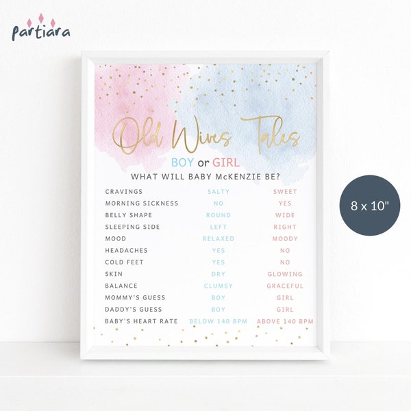 Gender Reveal Party Game Old Wives Tales DIY Printable Sign Editable Questions Boy Girl Baby Shower Activity Guessing Games Decor Poster P16