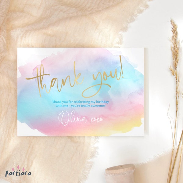 Rainbow Birthday Thank You Card Editable Girl Baby Shower Party Thankyou Note Card Template Pastel Pink Purple Gold Printable Download P179