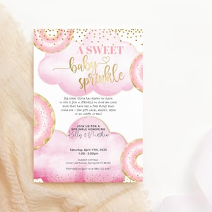 Girl Baby Sprinkle Donuts Invite Printable Pink and Gold Sweet Donut Invitation Editable Digital Download Template P21