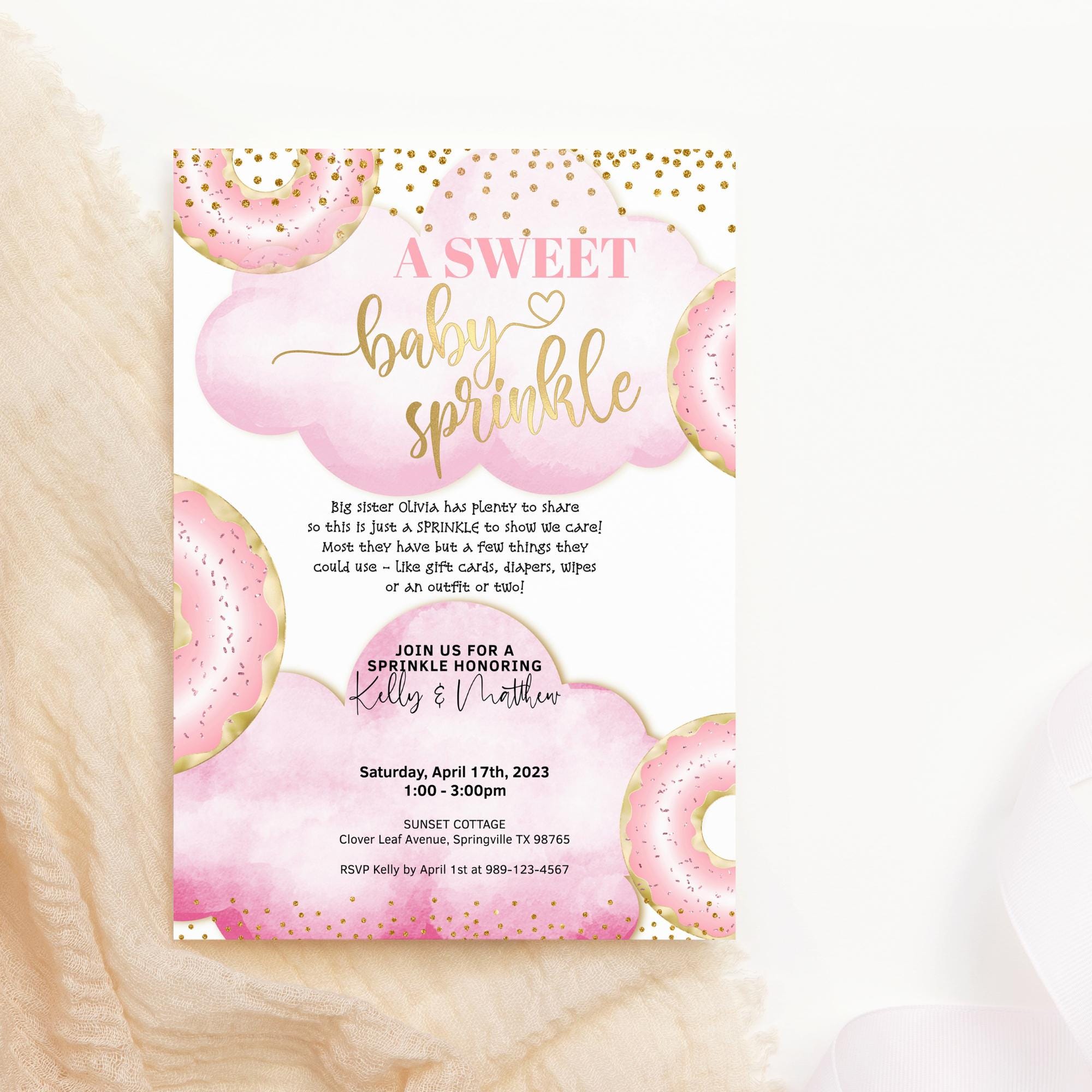 Invitación imprimible con donas de chispas para niñas y bebés, invitación  con donas dulces en rosa y dorado, plantilla editable para descargar  digitalmente P21 - Etsy México, image size:2000x2000