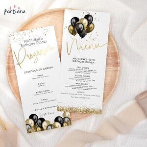 Jungen Geburtstagsprogramm Menüvorlage, Teens Dinner Party Programme druckbar, Mens Events Tischkarten Schwarz Goldballons, bearbeitbar P251