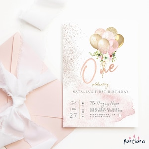 Mädchen zum 1. Geburtstagseinladung Druckbare Rose Gold Ballons Blush Pink Floral erste Party lädt bearbeitbare digitale Download-Vorlage P382