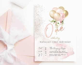 Girl 1st Birthday Invitation Printable Rose Gold Balloons Blush Pink Floral First Party Invites Editable Digital Download Template P382