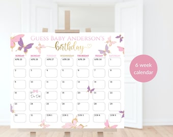 Butterfly Baby Shower Due Date Calendar Game Chart Girl Editable Guess Baby's Birthday Prediction Game Sign Template, DIY Printable Decor P6
