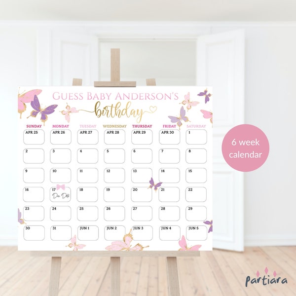 Schmetterling Baby Shower Fälligkeitskalender Spiel Diagramm Mädchen bearbeitbar Ratespiel Babys Geburtstag Vorhersage Spiel Zeichen Vorlage, DIY druckbares Dekor P6