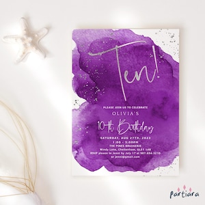 Lila 10. Geburtstag einladen Digital Download für Mädchen, zweistellige Party Einladung druckbare, bearbeitbare Vorlage P281