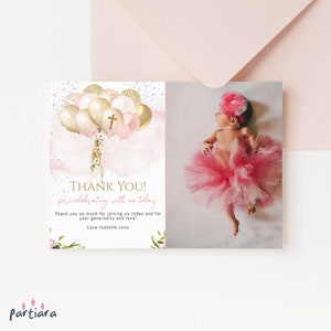 Taufe Dankeskarten, Taufe Dankeschön Fotokarte druckbar, Boho Blush Rosa Gold Luftballons Dekor, bearbeitbare digitaler Download P344