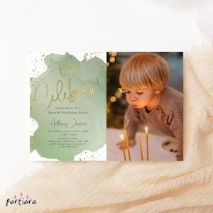 Modèle Photo d'invitation pour 1er anniversaire de garçon, invitations à une fête en or vert sauge pour les enfants, téléchargement numérique modifiable imprimable P629