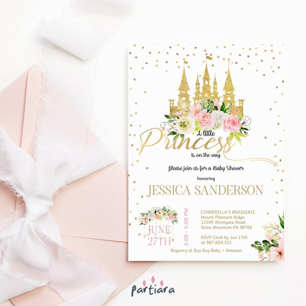 Princess Baby Shower Invitation, Pink Floral Castle Printable (Editable Download) P137