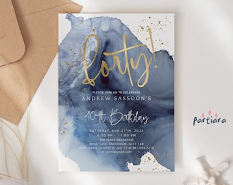Mens 40th Birthday Invitation Template: Navy Blue White and Gold Decor Card Printable, Editable Corjl Digital Download P239